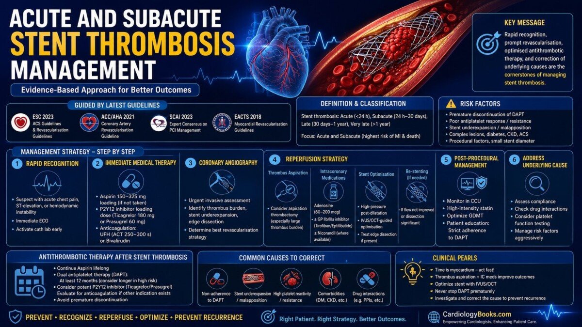 Subacute stent thrombosis teaching module infographic covering recognition, reperfusion and prevention of recurrence